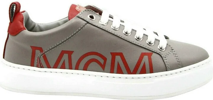 Women's Grey Leather With Red Trim And Logo Low Top Sneaker MES9AMM16EG - Image 2