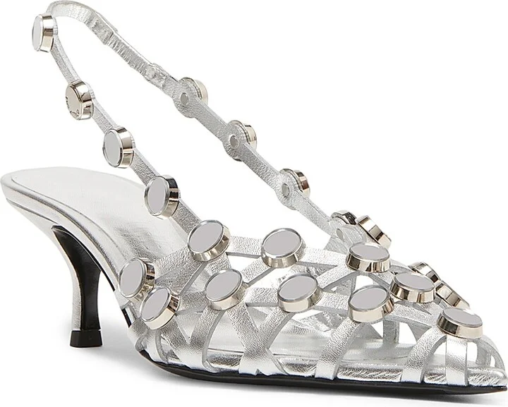 Women's Grid 50MM Leather Slingback Pumps - Silver - Size 6 - Image 2