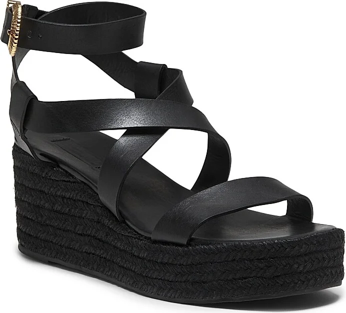 Women's Harper Flatform Raffia-Covered Wedge Heel Leather Sandals - Black - Size 6 - Image 2