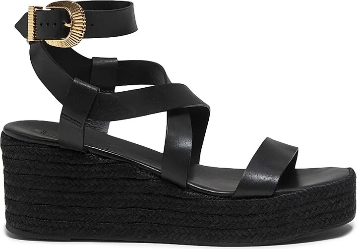 Women's Harper Flatform Raffia-Covered Wedge Heel Leather Sandals - Black - Size 6