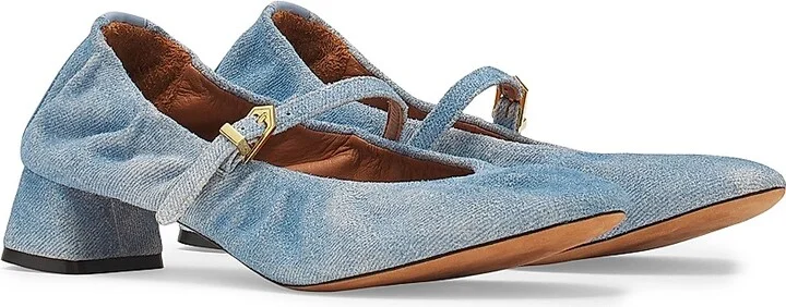 Women's Heeled Mary Janes in Leather with a Faded Denim Effect - Denim Blue - Size 5 - Image 2