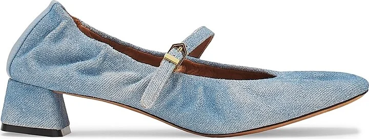 Women's Heeled Mary Janes in Leather with a Faded Denim Effect - Denim Blue - Size 5