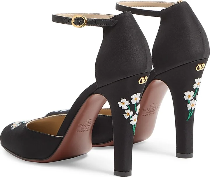 Women's Hi Dolly Fabric 105MM Pumps with Floral Embroidery - Black - Size 10 - Image 3