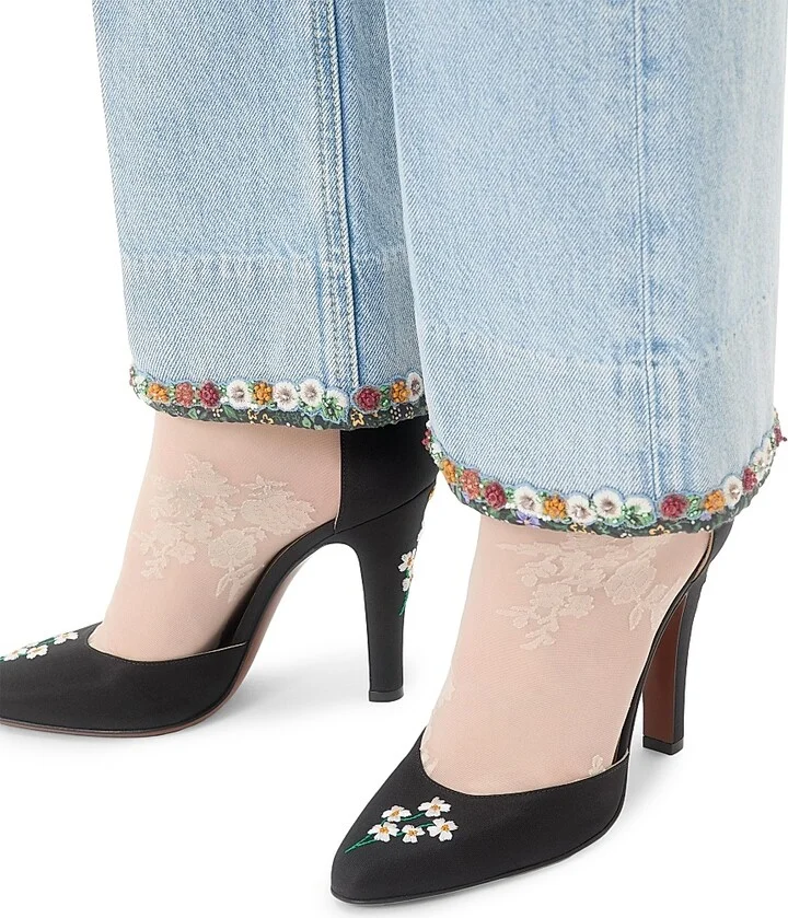 Women's Hi Dolly Fabric 105MM Pumps with Floral Embroidery - Black - Size 10 - Image 7
