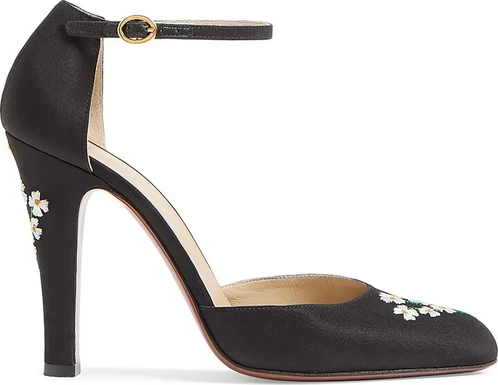 Women's Hi Dolly Fabric 105MM Pumps with Floral Embroidery - Black - Size 10
