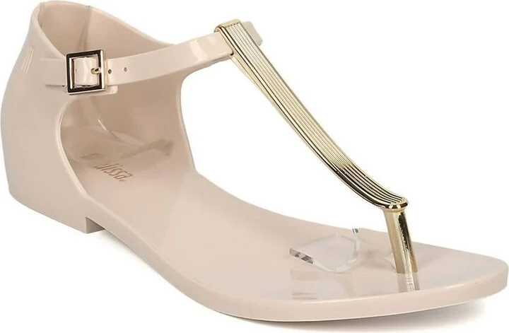 Women's Honey Chrome Jelly Metallic T-Strap Flat Sandal In Beige