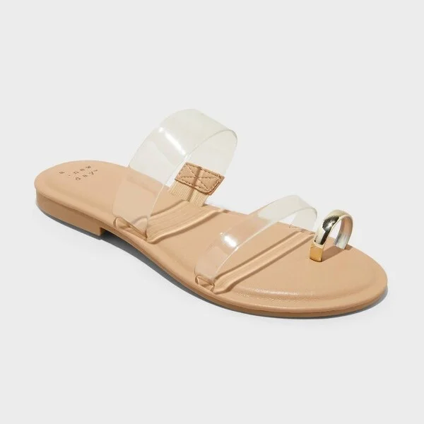 Women's Honey Metal Toe Loop Double Band Slide Sandals with Memory Foam Insole - A New Day™ Tan : Slip-On, Open Toe