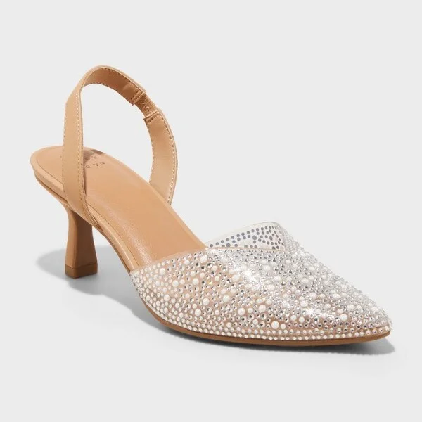 Women's Isabel Embellished Slingback Kitten Heels - A New Day™ Clear : Pointed Toe, Medium Width