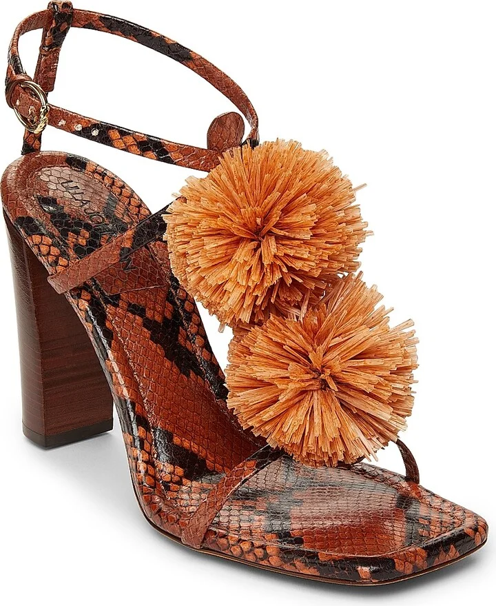 Women's Isolde High Heel 95MM Pom-Pom Leather & Raffia Sandals - Rust Copper - Size 6 - Image 2