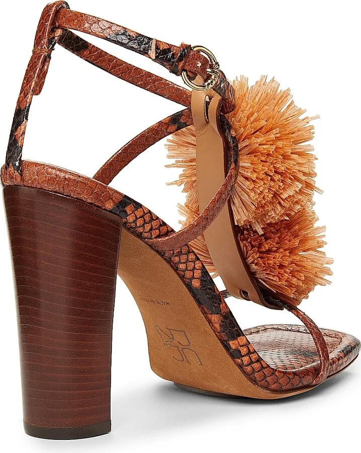 Women's Isolde High Heel 95MM Pom-Pom Leather & Raffia Sandals - Rust Copper - Size 6 - Image 3