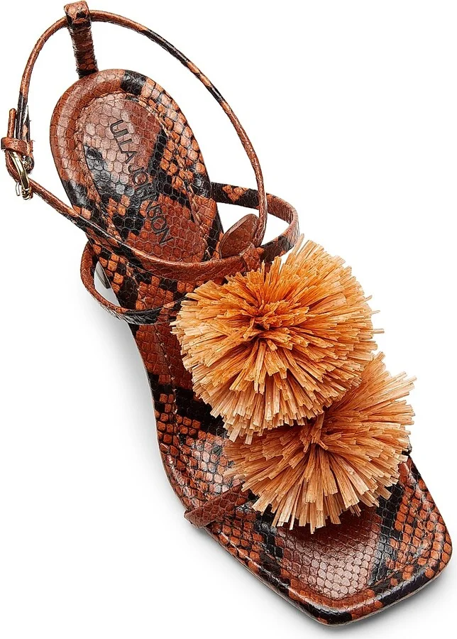 Women's Isolde High Heel 95MM Pom-Pom Leather & Raffia Sandals - Rust Copper - Size 6 - Image 4