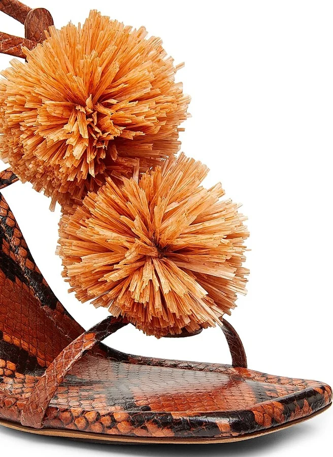 Women's Isolde High Heel 95MM Pom-Pom Leather & Raffia Sandals - Rust Copper - Size 6 - Image 5