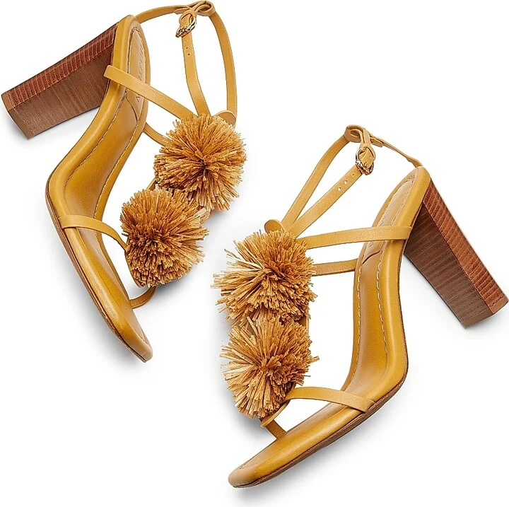 Women's Isolde High Heel 95MM Pom-Pom Leather & Raffia Sandals - Rust Copper - Size 6 - Image 11