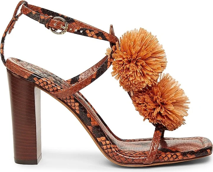 Women's Isolde High Heel 95MM Pom-Pom Leather & Raffia Sandals - Rust Copper - Size 6