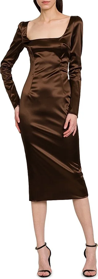 Women's Italian Tailoring Leopard-Lined Satin Midi-Dress - Marrones Curo - Size 0 - Image 3