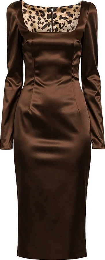 Women's Italian Tailoring Leopard-Lined Satin Midi-Dress - Marrones Curo - Size 0