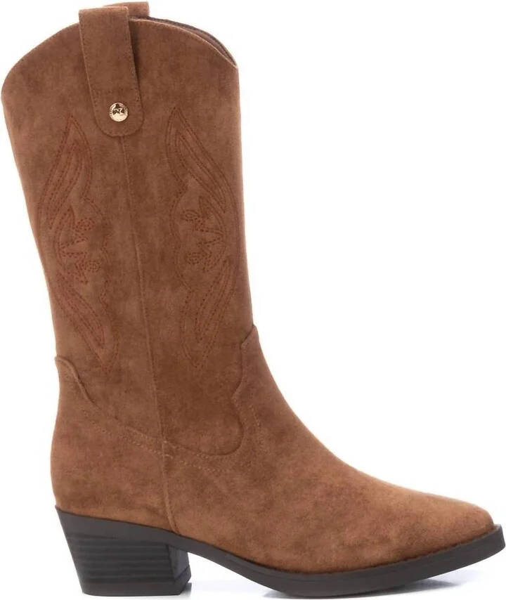 Women's Italian Western Suede Booties In Camel