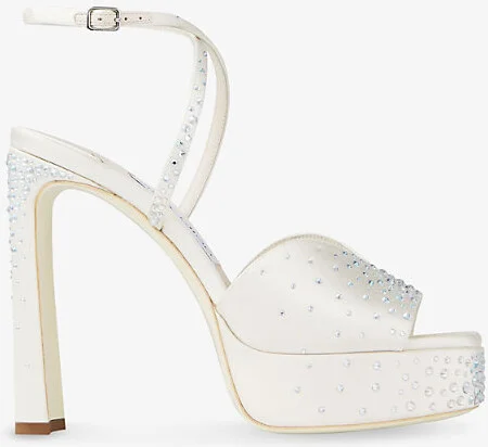 Womens Ivory/Crystal Karli 125 Crystal-Embellished Satin Platform Heeled Sandals Eur 40 / 7 Uk Women