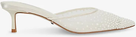 Womens Ivory Synthetic Cuddling Embellished Kitten-Heel Mesh Mules Eur 38/5 Uk Women