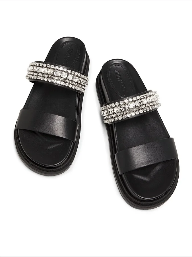 Women's Jadi Crystal-Embellished Vacchetta Leather Slides - Black Crystal - Size 5 Sandals - Image 4