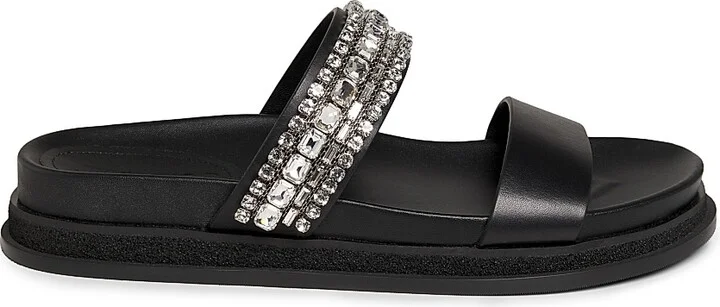 Women's Jadi Crystal-Embellished Vacchetta Leather Slides - Black Crystal - Size 5 Sandals