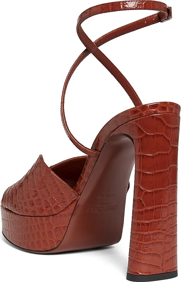 Women's Karli 125MM Croc-Embossed Leather Platform Sandals - Cognac - Size 5 - Image 3