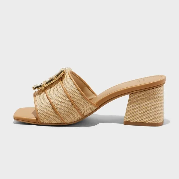 Women's Kathleen Raffia Buckle Block Heels - A New Day™ Beige : Slip-On, Open Square Toe, Textured Outsole, Medium Width - Image 2