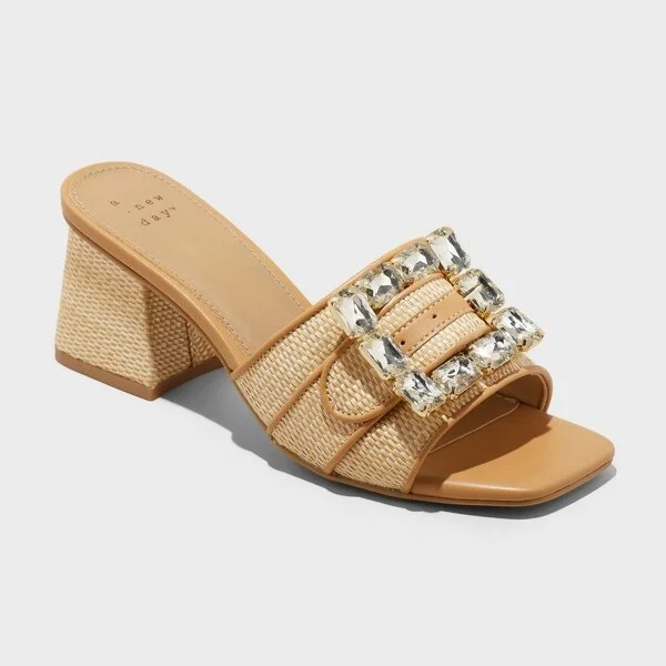 Women's Kathleen Raffia Buckle Block Heels - A New Day™ Beige : Slip-On, Open Square Toe, Textured Outsole, Medium Width