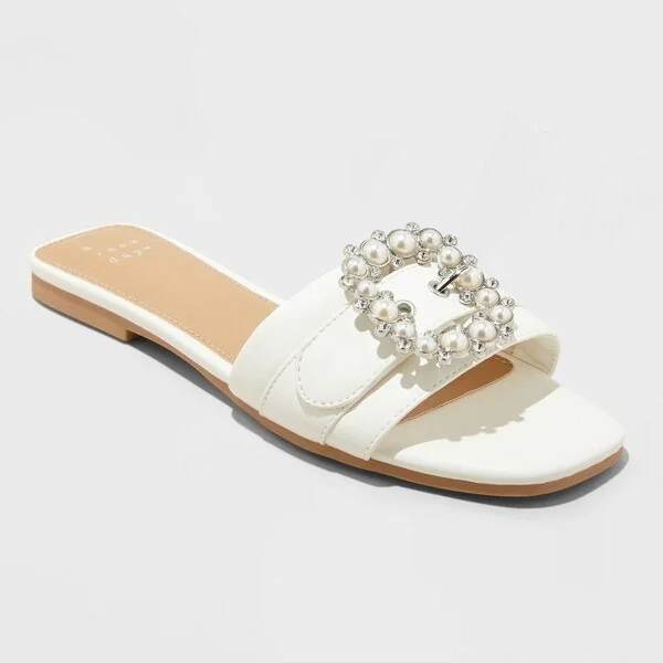 Women's Kelsey Bone Pearl Buckle Sandals - A New Day™ Cream : Block Heel, Open Toe, Slip On