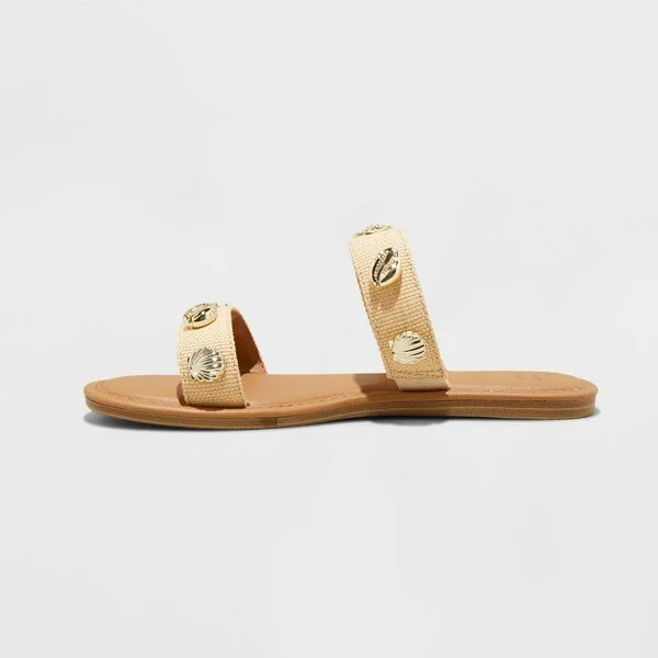 Women's Kiera Embellished Slides - A New Day™ Tan : Open Toe Raffia Sandals, Slip On, Textured Outsole - Image 2