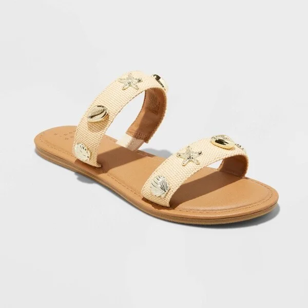 Women's Kiera Embellished Slides - A New Day™ Tan : Open Toe Raffia Sandals, Slip On, Textured Outsole