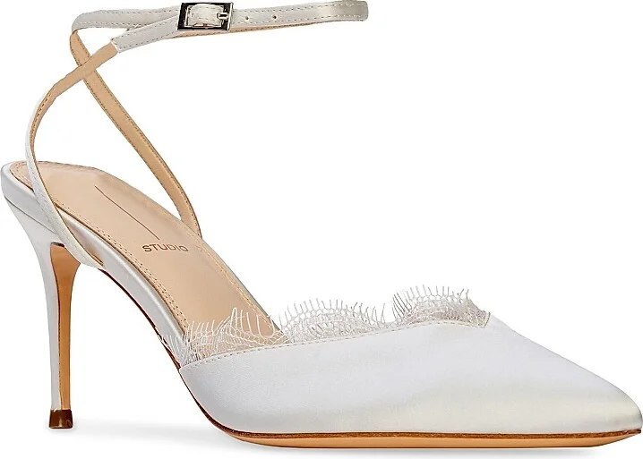 Women's Lace 80MM Satin Pumps - White Satin - Size 5 - Image 3