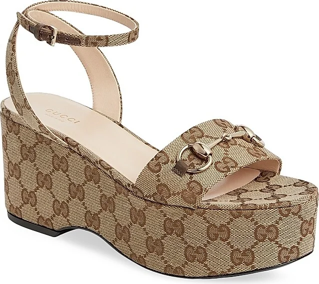 Women's Lady Horsebit 75MM GG Canvas Wedge Sandals - Beige Ebony - Size 6 - Image 2