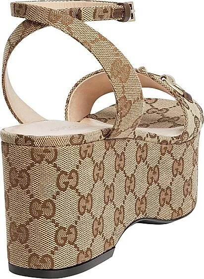 Women's Lady Horsebit 75MM GG Canvas Wedge Sandals - Beige Ebony - Size 6 - Image 3