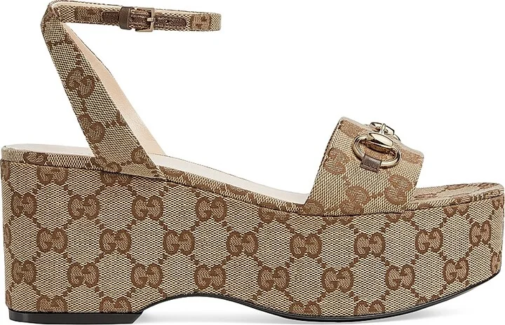 Women's Lady Horsebit 75MM GG Canvas Wedge Sandals - Beige Ebony - Size 6