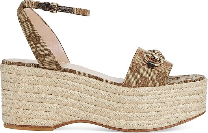 Women's Lady Horsebit GG Canvas Wedge Sandals - Beige Ebony - Size 6