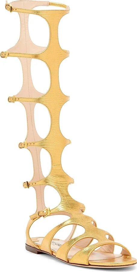 Women's Laminated Printed Lizard Leather Knee-High Sandals - Light Bronze - Size 6 - Image 2