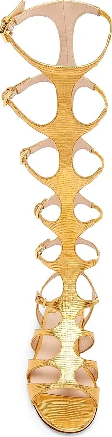Women's Laminated Printed Lizard Leather Knee-High Sandals - Light Bronze - Size 6 - Image 4