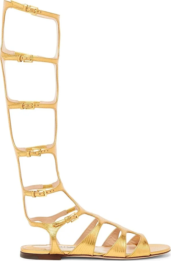 Women's Laminated Printed Lizard Leather Knee-High Sandals - Light Bronze - Size 6
