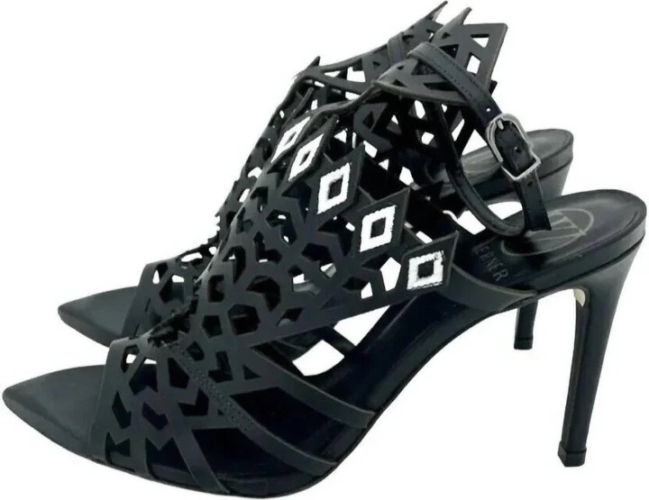 Women's Laser Cut Ankle Strap Open Toe Stiletto Heels In Black