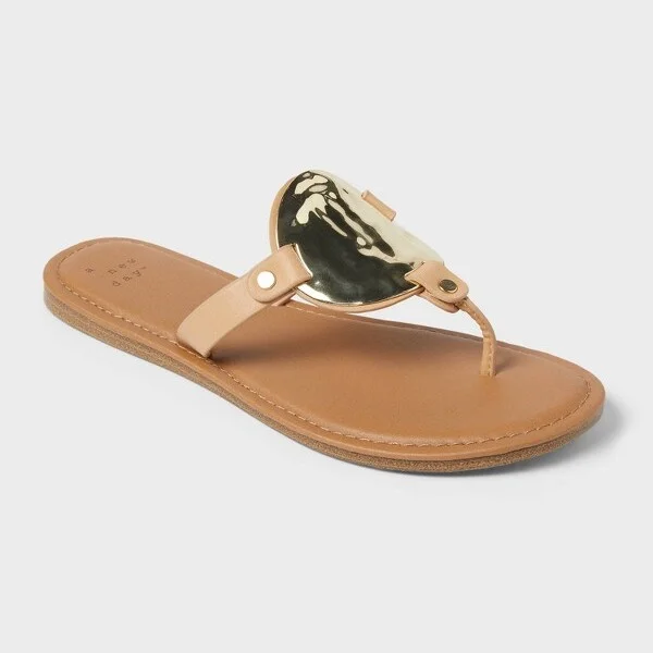Women's Layla Ornament Thong Sandals - A New Day™ Tan : Slip-On T-Strap, Faux Leather, Cushioned Insole, Open Round Toe