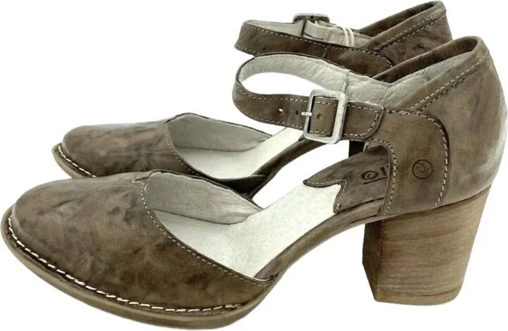 Women's Leather Ankle Pumps Strap Block Heels In Brown