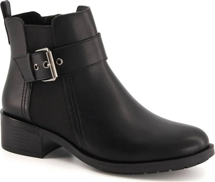 Women's Leather Booties With Elastic Side And Buckle In Black