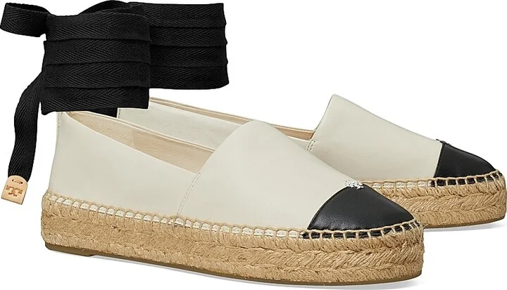 Women's Leather-Cotton Cap-Toe Espadrilles - Light Cream Black - Size 10 - Image 2
