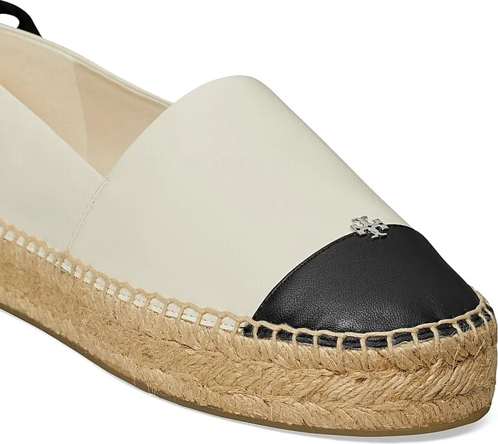 Women's Leather-Cotton Cap-Toe Espadrilles - Light Cream Black - Size 10 - Image 4