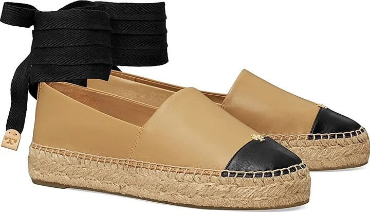 Women's Leather-Cotton Cap-Toe Espadrilles - Light Cream Black - Size 10 - Image 5