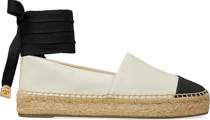 Women's Leather-Cotton Cap-Toe Espadrilles - Light Cream Black - Size 10