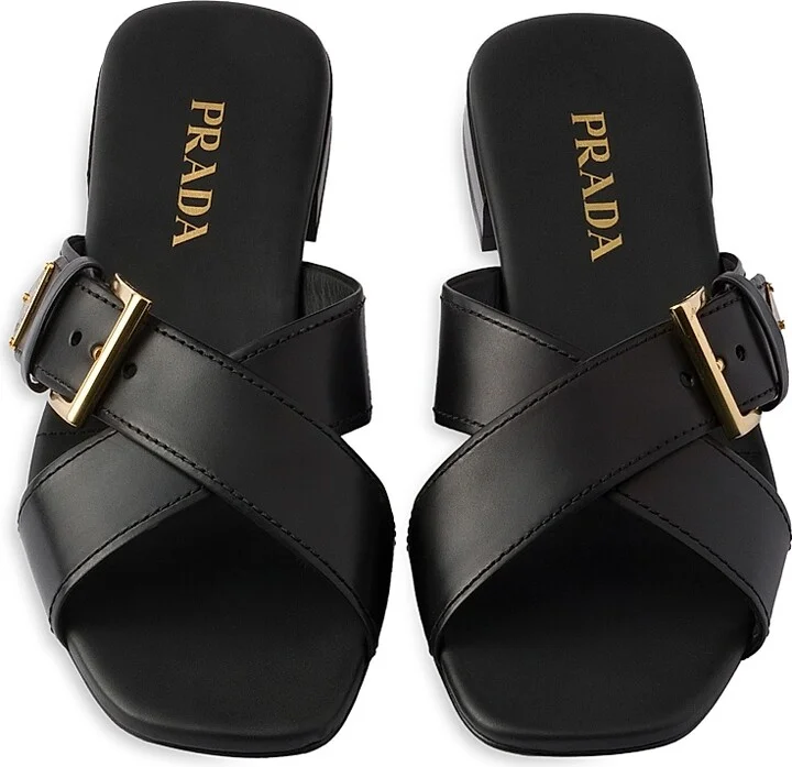 Women's Leather Crisscross Slides with Buckle - Black - Size 5 - Image 2