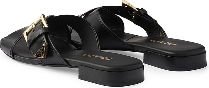 Women's Leather Crisscross Slides with Buckle - Black - Size 5 - Image 3