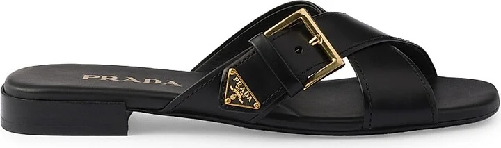 Women's Leather Crisscross Slides with Buckle - Black - Size 5